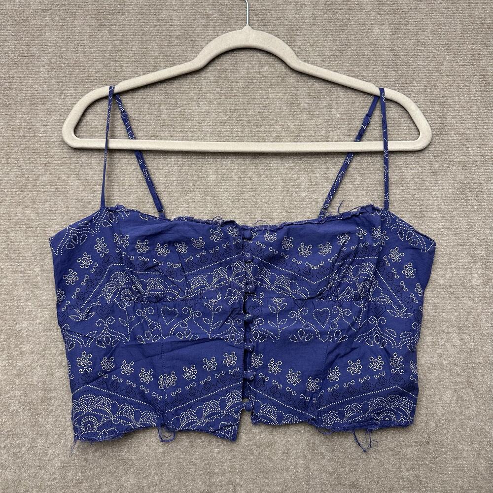 Kimchi Blue Bandana Paisley Button-Front Bustier Crop Top Navy Blue Large
